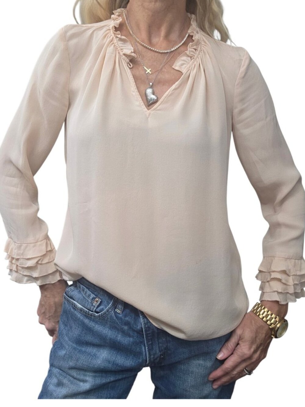 Rebecca Taylor 100% Silk Blush Ruffle Neck Tiered Cuff Blouse Size 0